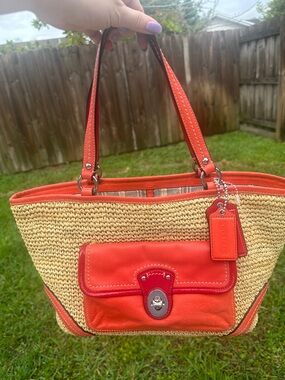 Coach Straw Tote #22904 Coral and Red Leather Trim EUC
